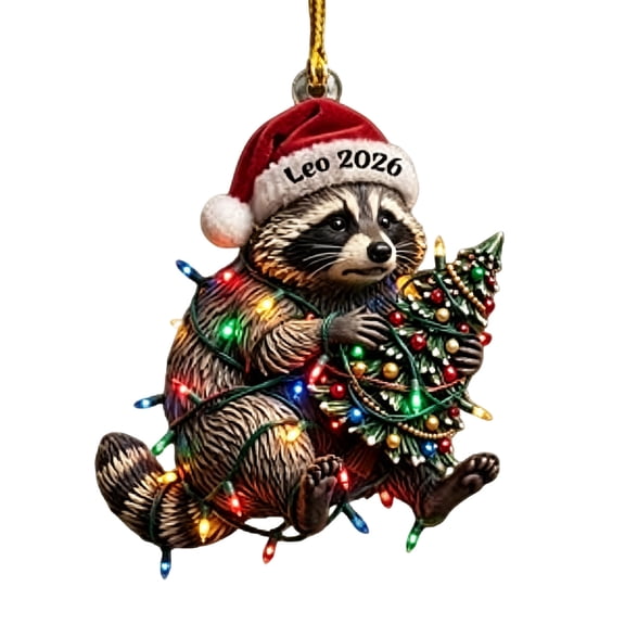 Raccoon Christmas Hanging Ornament with Santa Hat and Christmas Tree, Festive Holiday Tree Pendant Decoration.