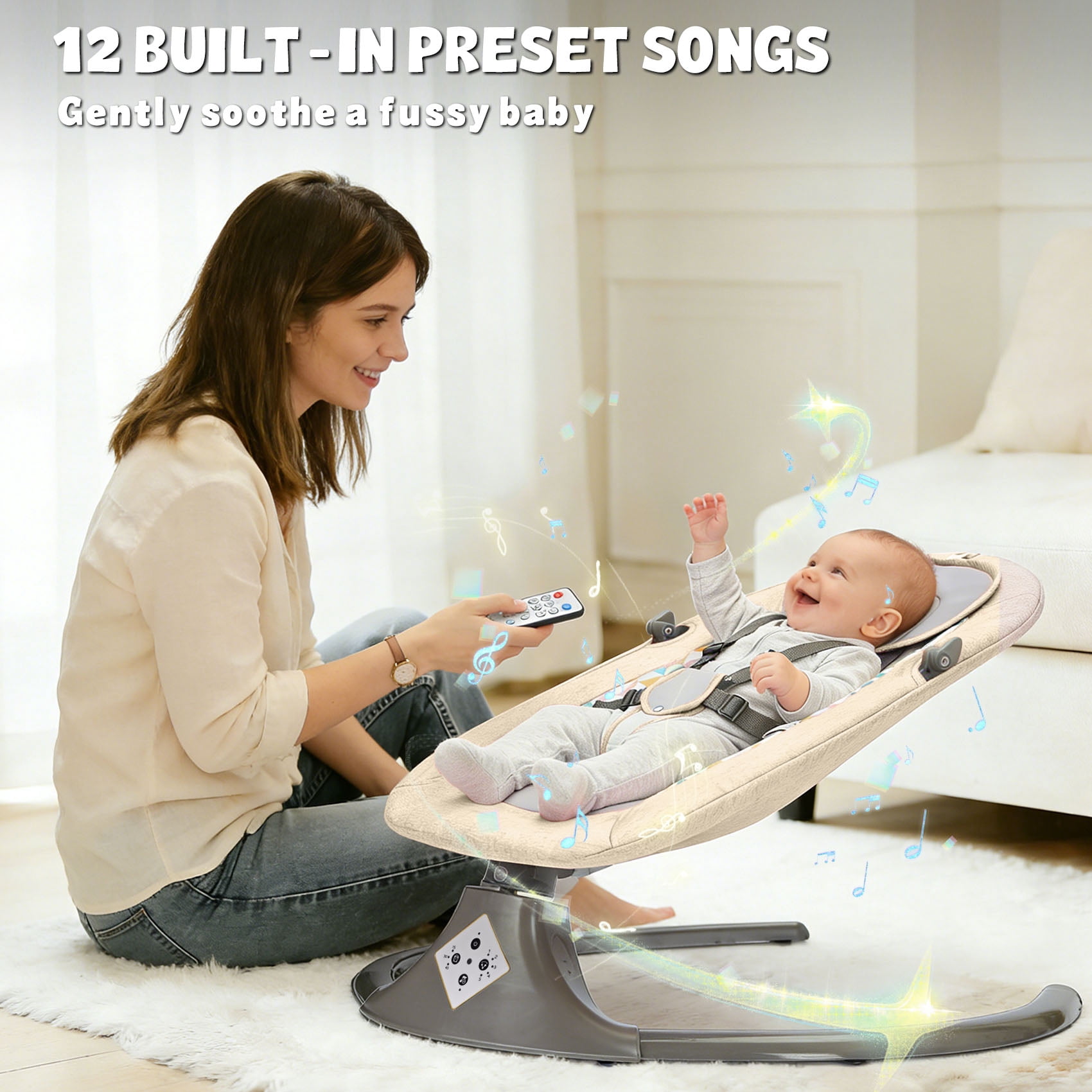 Electric Baby Swing, Caveen Infant Swing Rocker with Remote Control, 5 Sway Speeds, Bluetooth Music, Grey