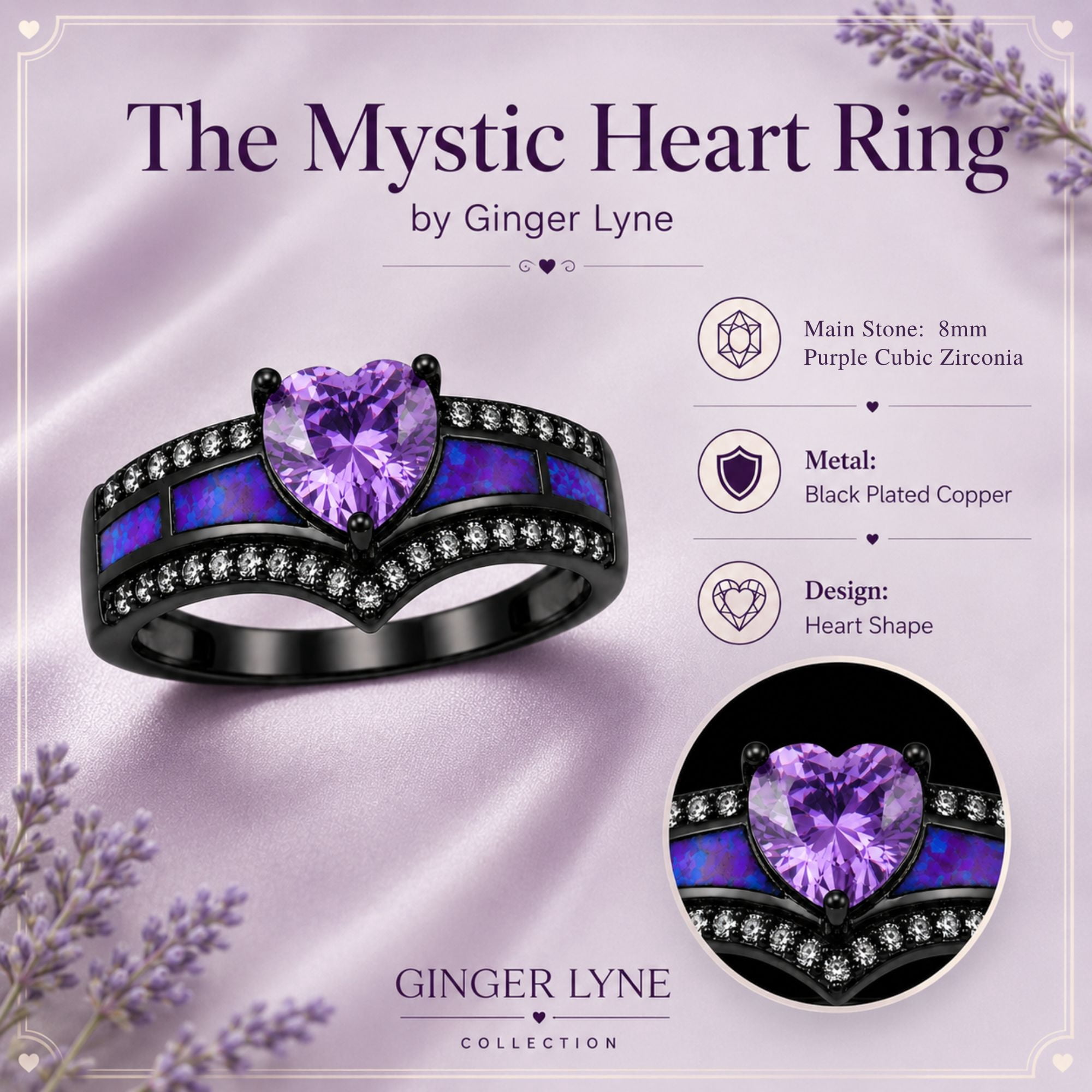 Black Engagement Ring for Women Mystic Topaz CZ Heart Promise Ring  Gift for Her Ginger Lyne