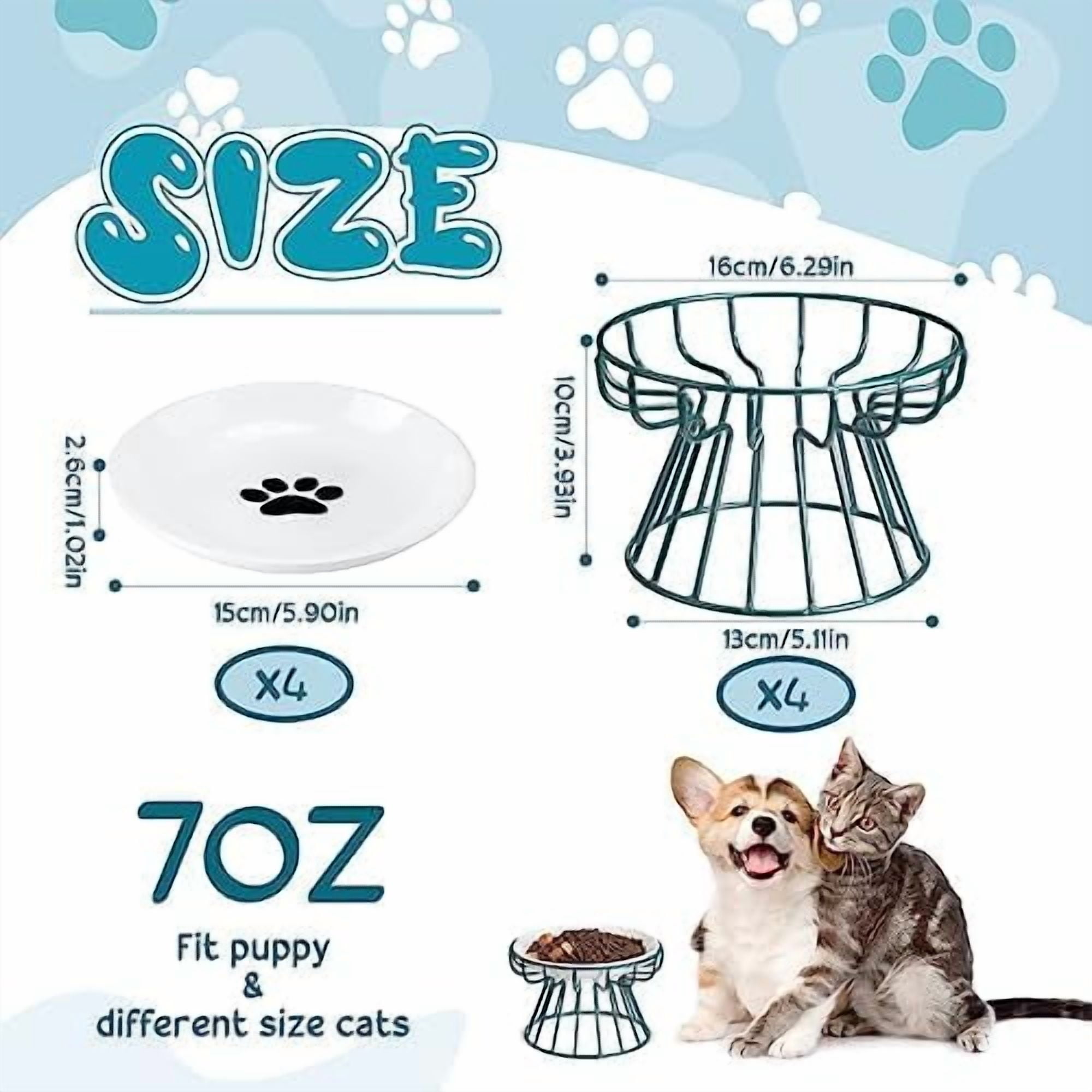 4 Sets Elevated Cat Bowls Ceramic Raised Cat Food Bowls with Metal Stand Dishwasher Safe Dishes Non Slip Elevated Food Plate(Green,Paw)