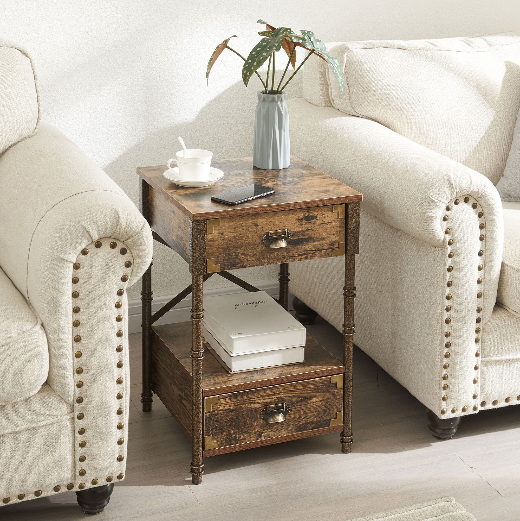 Javlergo Nightstand with 2-Drawer, Vintage End Side Table, Stable Frame, Brown