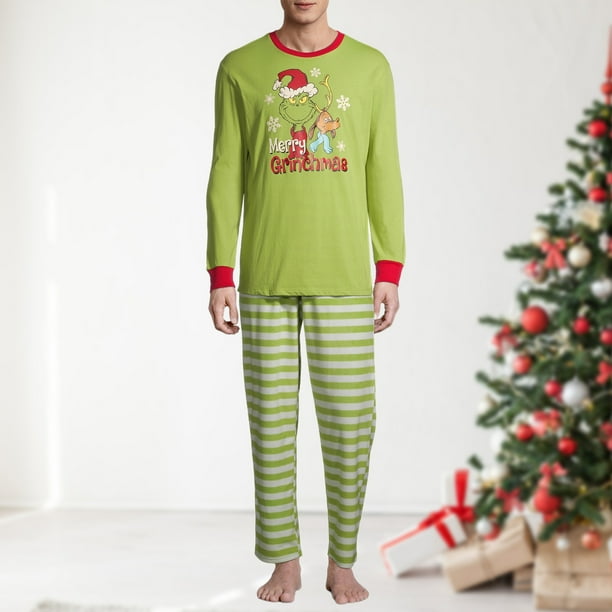 Pantalones De Camisa De Otoño Conjunto de pijama familiar de 2 piezas, vestido informal con estampado de dibujos animados para padres e hijos, traje diario Kuymtek Papá Verde 2Xl para Hombre