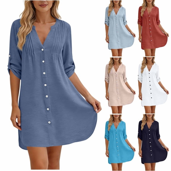 Women Beach Cover Ups V Neck Button Down Coverup Swimwear Bathing Suit Cover Up Casual Pleated Long Sleeved Spring Summer Solid Color Dress