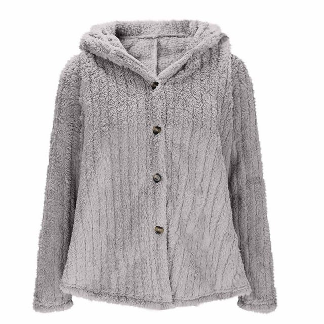 WRKEKC Women's Plush Fleece Jacket Hooded Winter Coat, Snap Button Closure Solid Color Thermal Lined