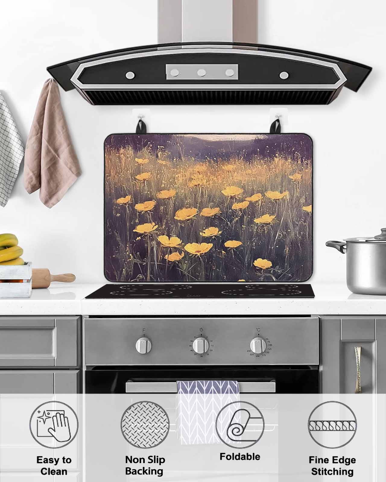 nqOlkjepod Large Induction Cooktop Protector Mat 24"x21", Yellow Spring Floral Stove Top Covers for Electric Stove, Vintage Oil Painting Botanical Stove Burner Cover Mats, Glass Top Stove Cover