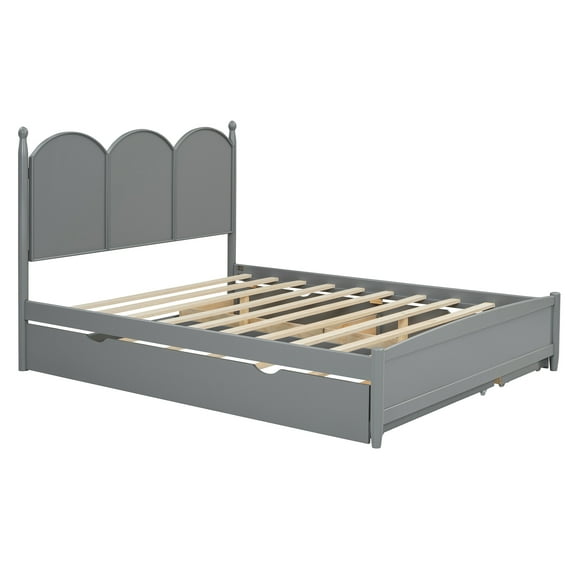 Queen Size Platform Bed Frame With 2 Storage Drawers And Headboard, Wood Bed Frame With Twin XL Pull Out Trundle For Bedroom And Apartment, No Box Spring Required