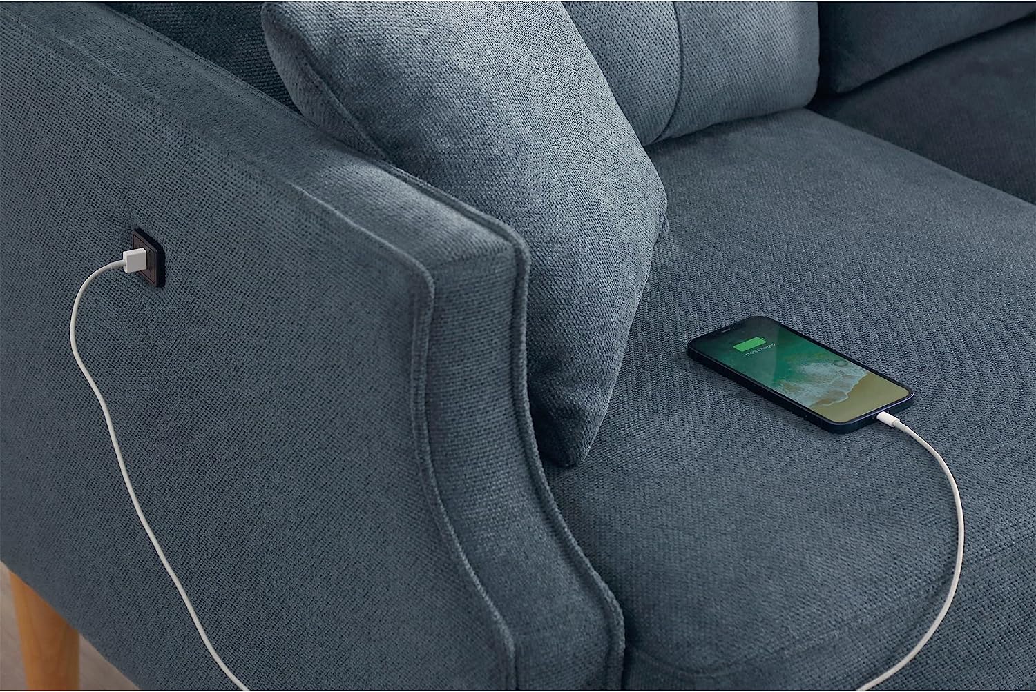 DEALTOPS Mid-Century Modern 3 Seat Sofa Couch, The Ultimate Comfort Experience Loveseat with Thick Cushions,Waterproof Fabric,and USB Port - Blue