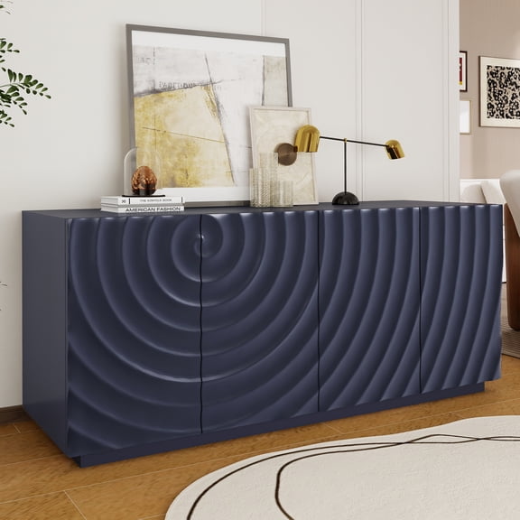 HIUU 59"Blue Sideboard Buffet Cabinet,Large Buffet Cabinet with Storage,Modern Sideboard Cabinets with Unique Rounded Lines Design and 4 Doors,Wood Sideboard Cabinet for Kitchen, Living Room