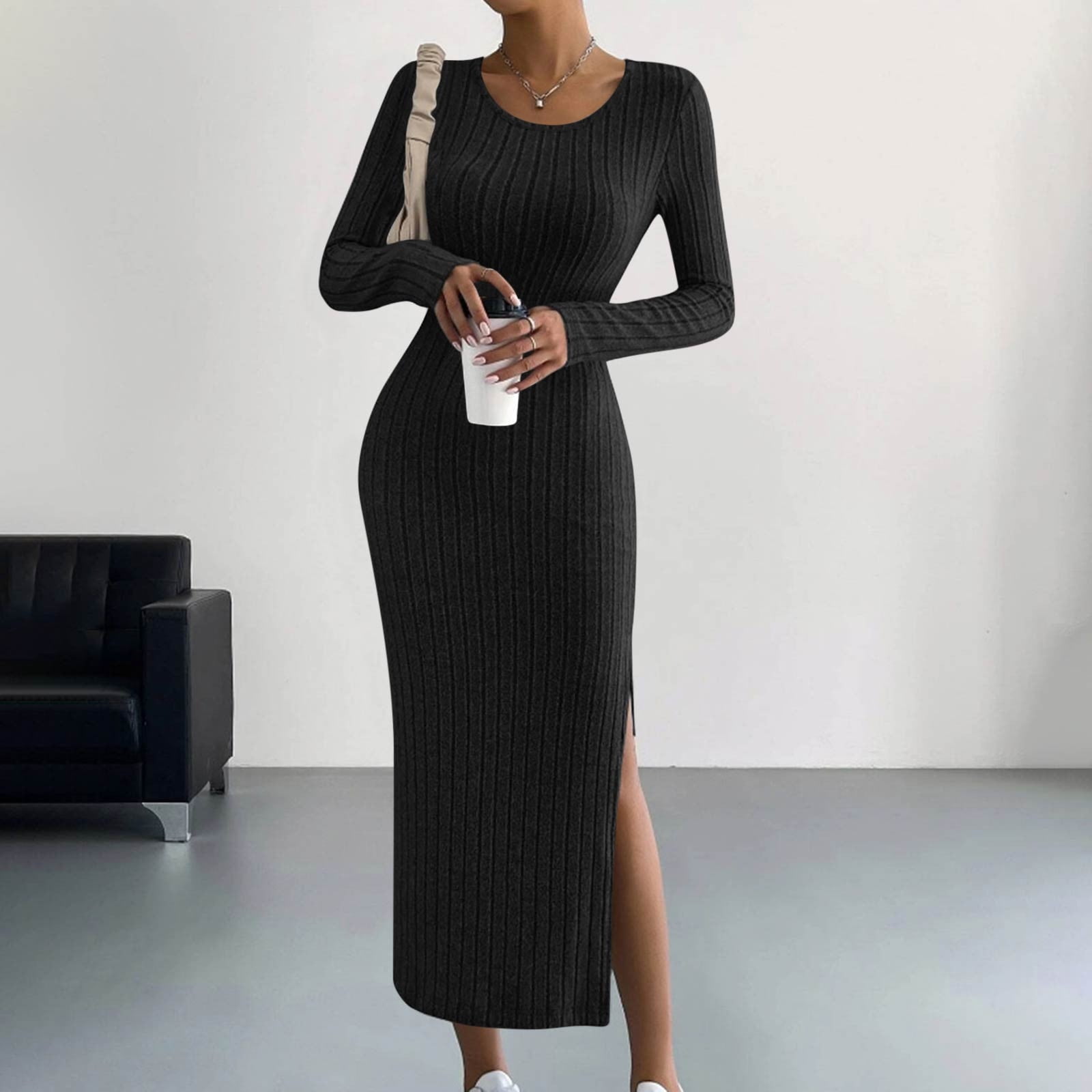fitted lace wedding dress Cozy Winter Flare Long Sleeve Rib Knitted Maxi Dresses, Black / M
