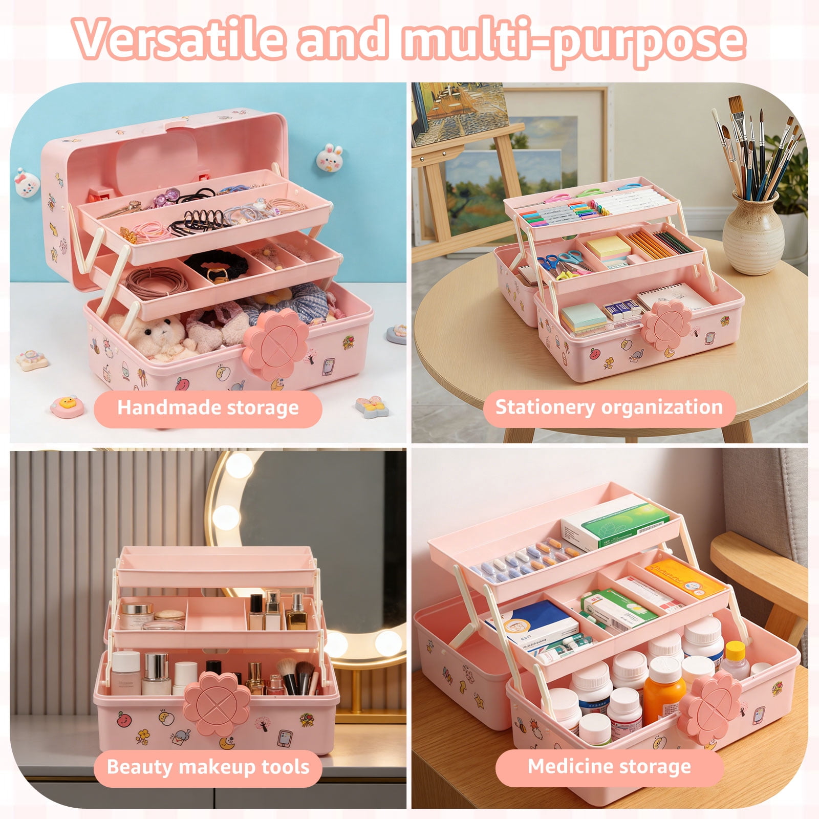Threns Hair Accessories Organizer for Girls,3-Layers Pink Craft Storage Container with Handle,Lockable Storage Box for Hair Clip,Headband,Scrunchie,Cosmetic,Sewing Kit