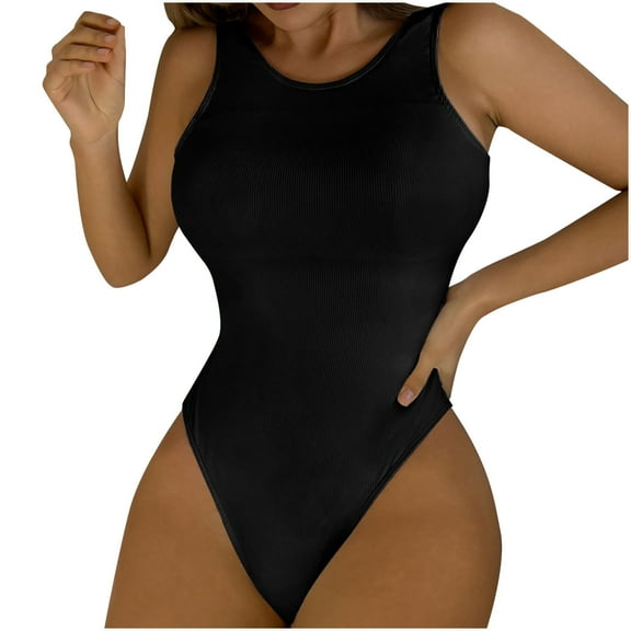 Holiday Promotion UTSJKR Women's Swimsuit Solid One-Piece Coverage Bathing Suit Ribbed Tummy Control Open Back Slimming Monokini Swimwear Black M