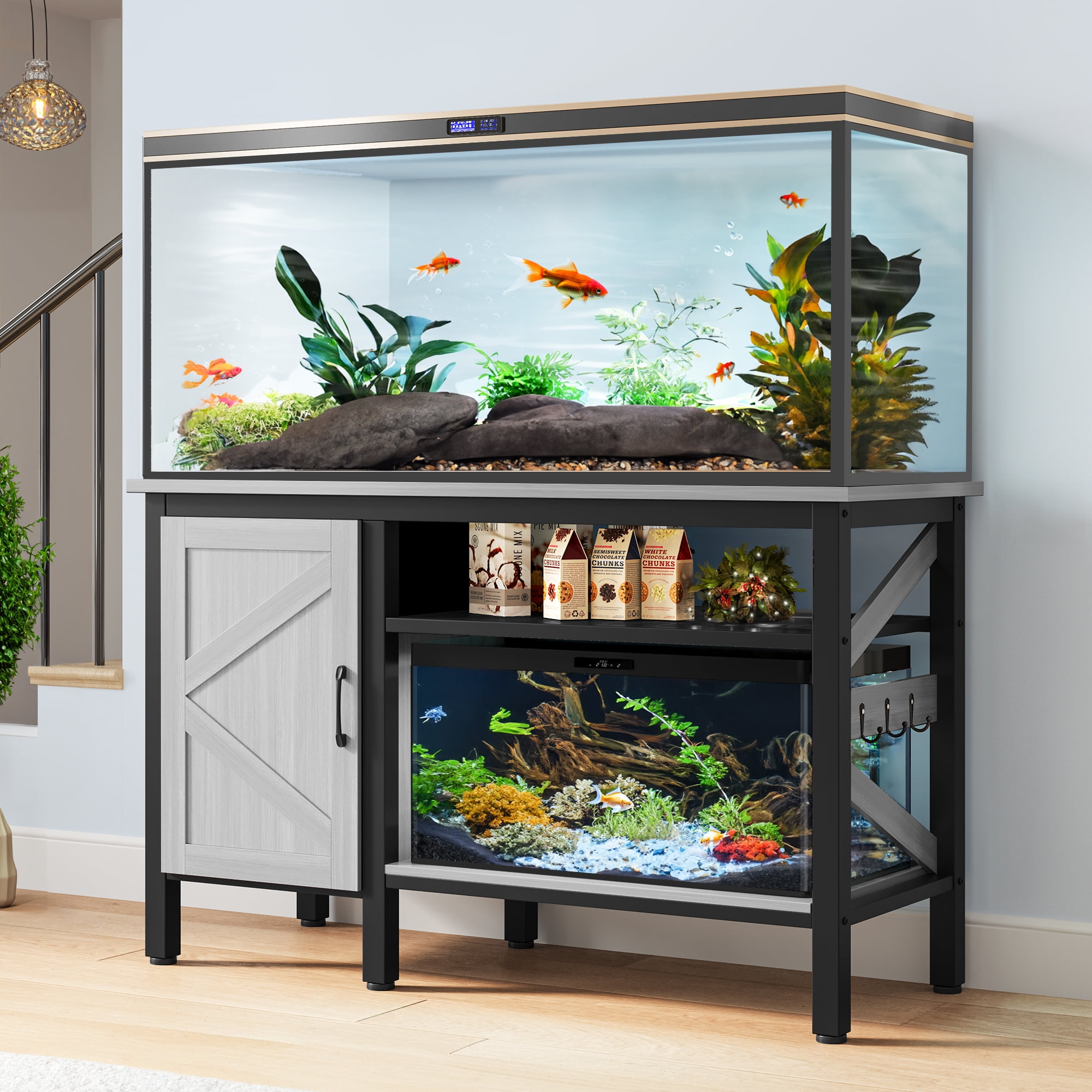Dextrus 55-75 Gallon Large Aquarium Stand,Heavy Duty Metal Fish Tank Stand with Cabinet Accessories Storage,Ideal for Fish Tanks, Turtle Tanks,Gray