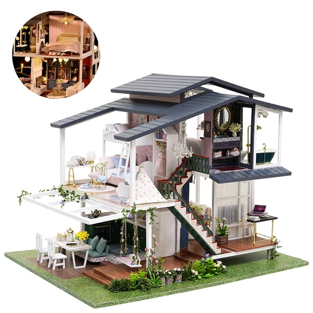 Mini Dollhouse, Tres Pisos Miniatura Dollhouse Romantic French Style Portátil Con 6 Luces LED para Donaciones Para Regalos para Niños Adultos para la Colección de Exhibiciones
