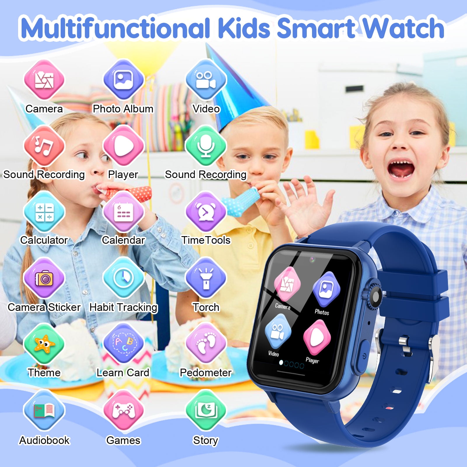 Eurhowing Kids Smart Watch Age 3-12, 31 Games, Learning Cards, HD Touch Screen, Camera, Music, Audiobook, Pedometer, Fun & Educational Birthday Gift Idea, Blue