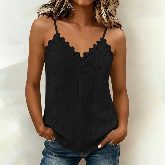 ClodeEU Women's V Neck Spaghetti Strap Tank Top, Casual Loose Fit Solid Color Sleeveless Tops Black,Women's Plus L