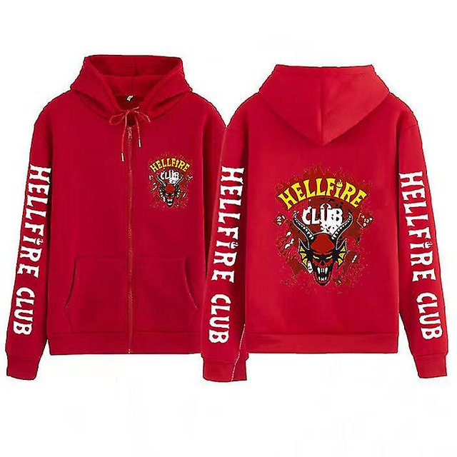 Sweat à Capuche Stranger Things Hellfire Club Imprimé Chandail en Molleton à Capuche Zippé Ample - Lettrage Blanc sur les Manches