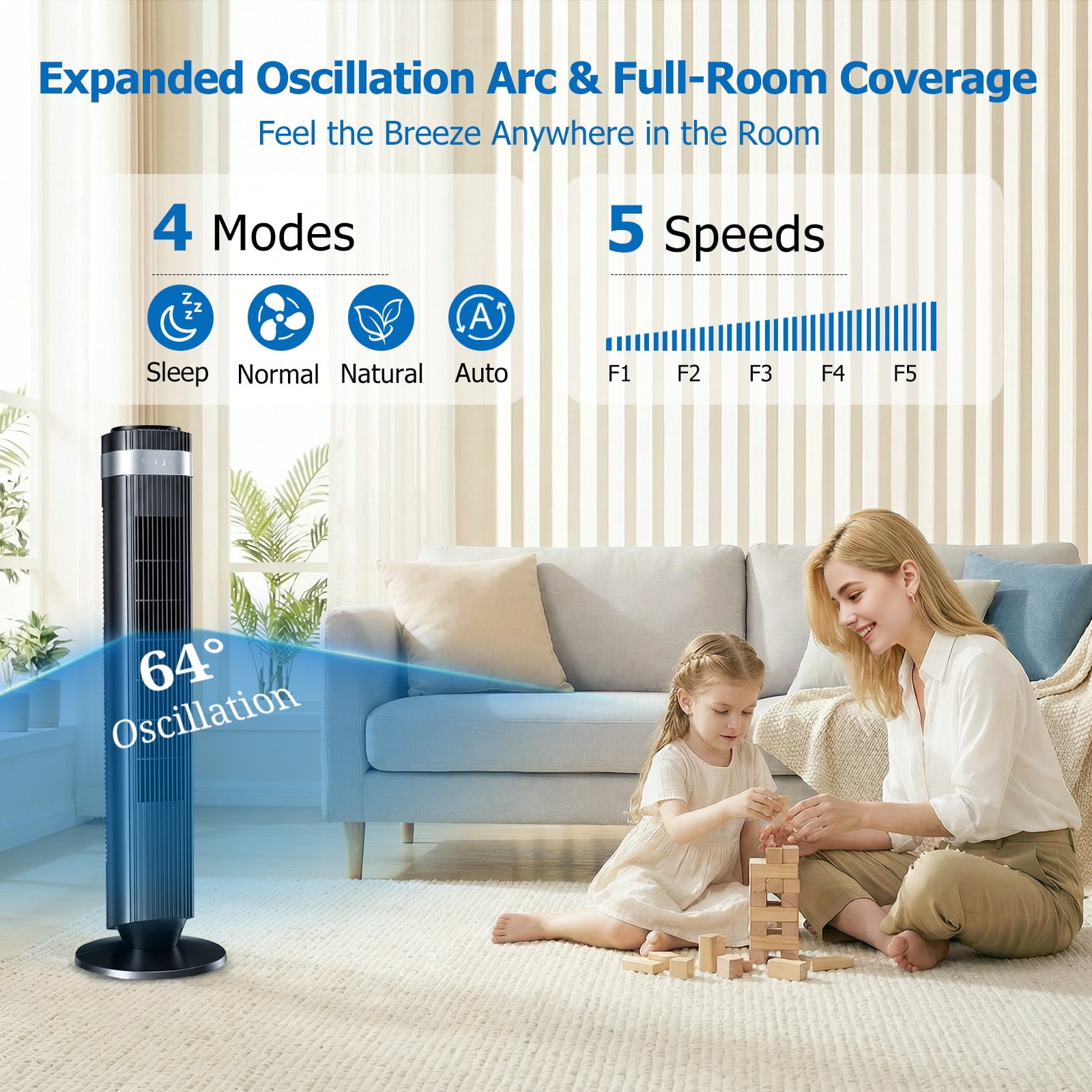 Simenmax Tower Fan, 36'' Bladeless Floor Fan with Remote, 12H Timer, 5 Speeds & 4 Modes, 28dB Quiet Standing Fan for Bedroom, Home, and Office,Black