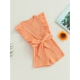 thumbnail image 3 of Kids Girls Playsuit Crew Neck Ruffles Sleeveless Solid Color Rib Knit Jumpsuits Summer Casual Clothes Bodysuits Romper with Belt, 3 of 8