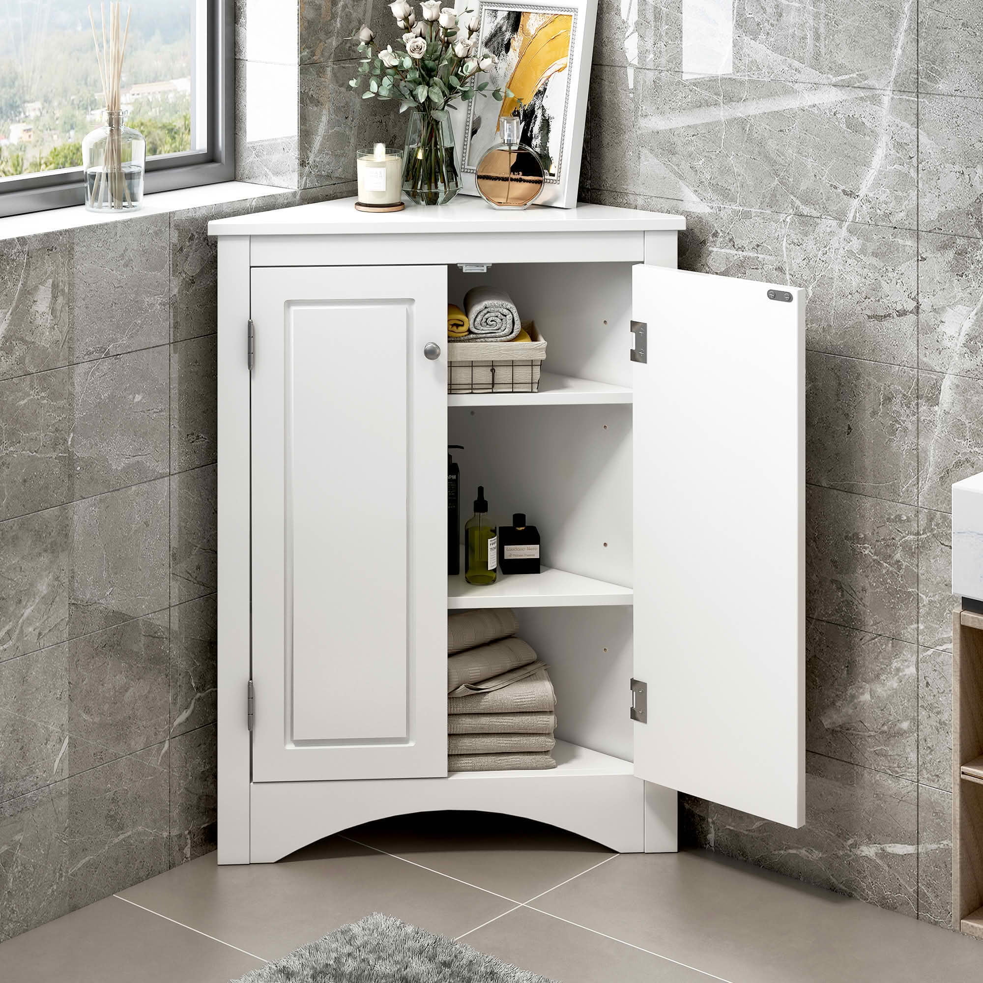 MAYEERTY White Triangle Bathroom Cabinet Adjustable Shelves Freestanding Floor Cabinet