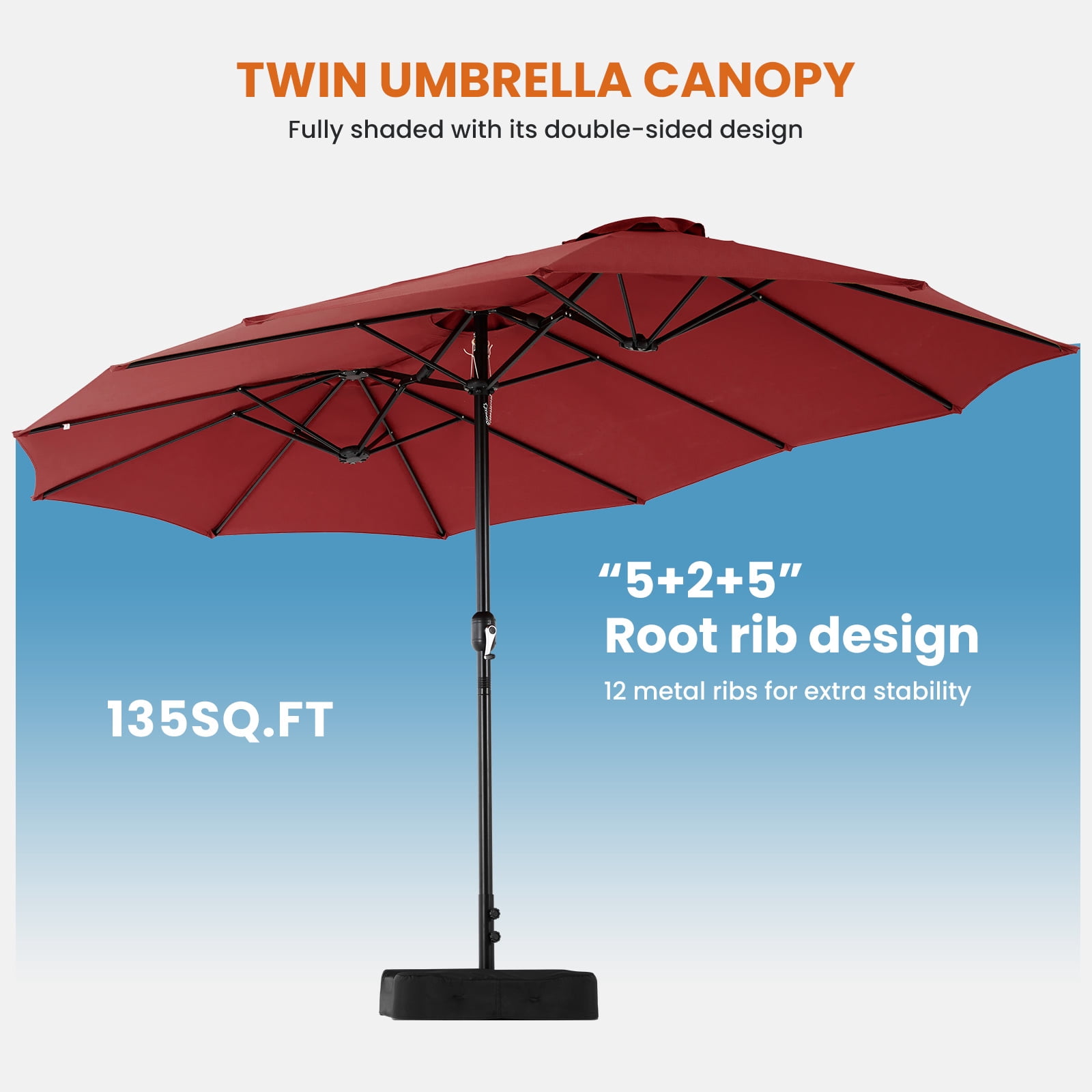 JOINSUN 15ft Outdoor Patio Umbrella with Base - Double-Sided Rectangular Market Umbrella for Poolside and Backyard, Red