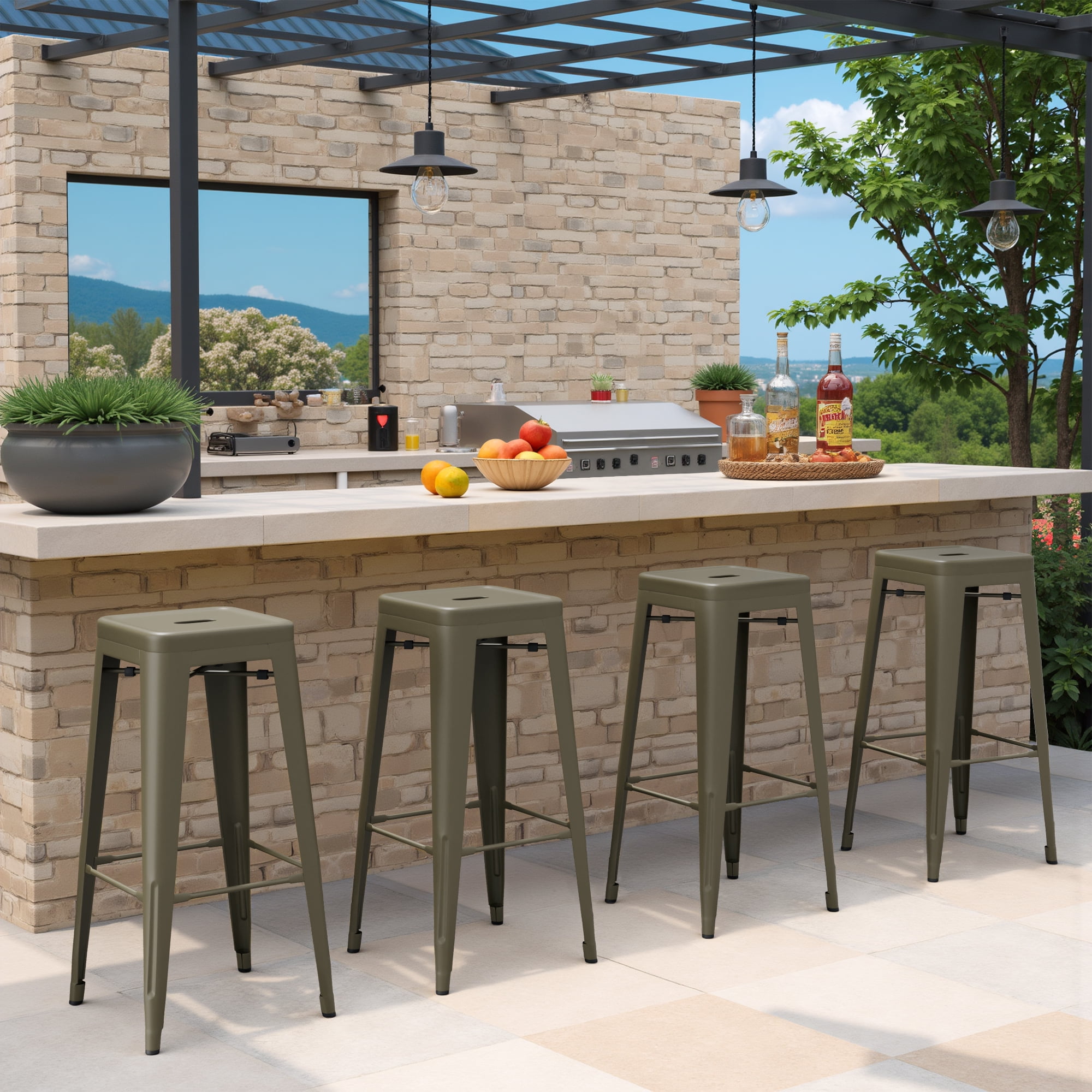 VINEEGO 30 Inches Metal Bar Stools for Counter Height Indoor-Outdoor Modern Stackable Industrial Stools Set of 4 (Gun)