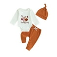 thumbnail image 2 of Elippeo Baby Girls Boys Thanksgiving Outfits 3M 6M 9M 12M Letter Turkey Embroidery Long Sleeve Rompers Long Pants Hat 3Pcs Fall Clothes Set, 2 of 10
