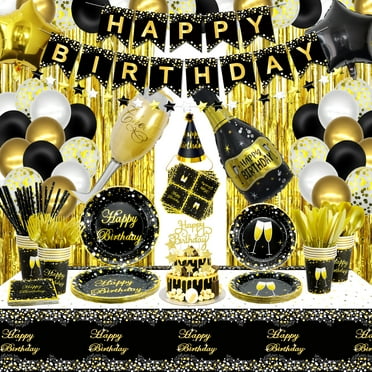 223 PCS Black and Gold Party Decorations - Black Gold Party Balloon, Birthday Banner, Garland, Fringe Curtain, Plates, Napkins, Cups and Tablecloth for Men Women Party Supplies, Serves 20 Guest