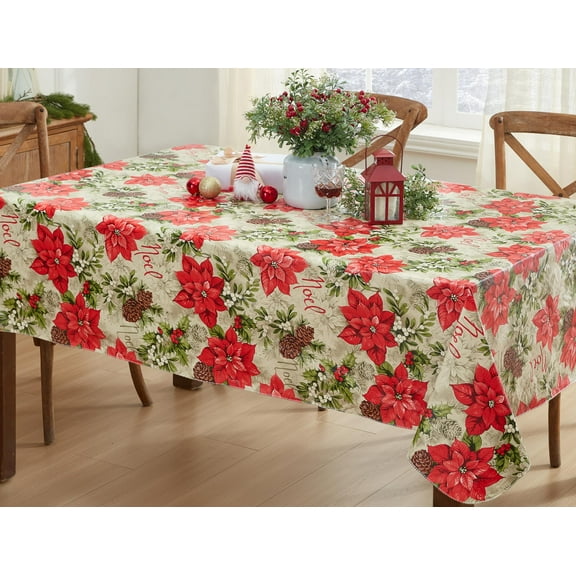 Christmas Majestic Winter Poinsettia Floral 52 x 52 inch Square Vinyl Flannel Back Dining Tablecloth