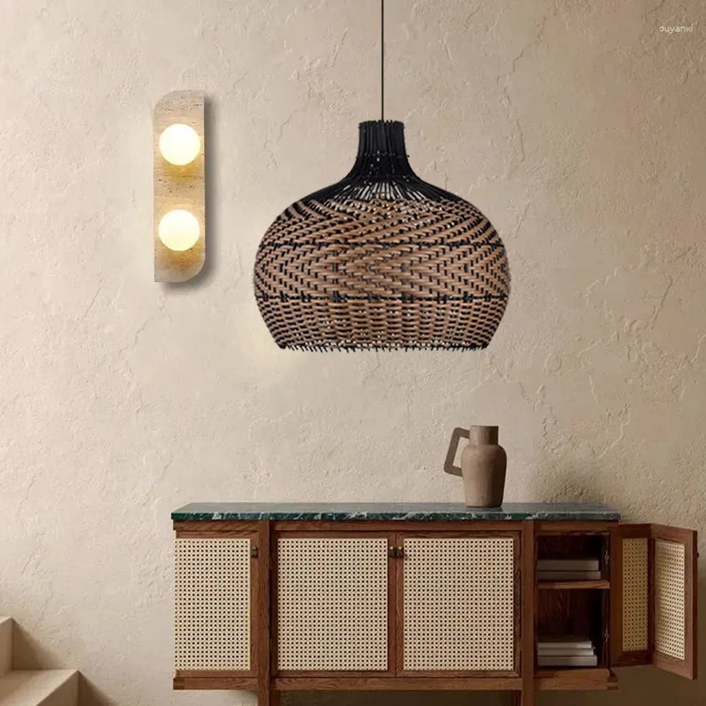 LittleGlovo Dining Room Black Brown Rattan Pendant Light Fixture Wabi-sabi Vintage Lamp