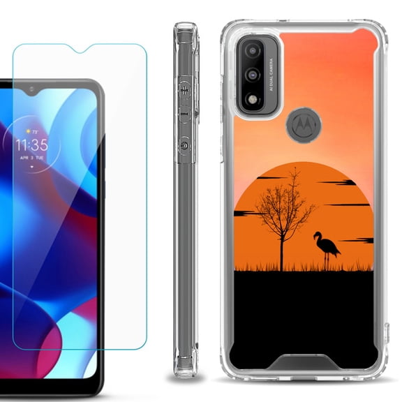 Shockproof Bumper Phone Case for Motorola Moto G Pure, with Tempered Glass Screen Protector, by OneToughShield ® - Sunset Flamingo