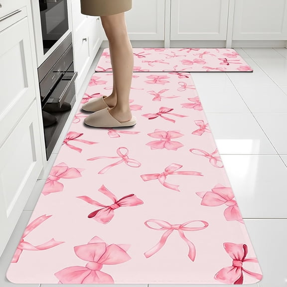 Bow Rugs for Kitchen Floor, 2PCS Anti Fatigue Pink Bow Mats for Kitchen Floor Rubber Non Slip, Washable Cushioned Bowknot Carpet Rug for Sink Laundry Gifts for Christmas 17"×30" 17"×47" 3.5mm