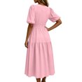 thumbnail image 6 of QUNYINEY Puff Short Sleeve Summer Dresses for Women Pink Flowy Casual Long A Line Dress V Neck Pleated Loose Fit Vacation Dresses, 6 of 7