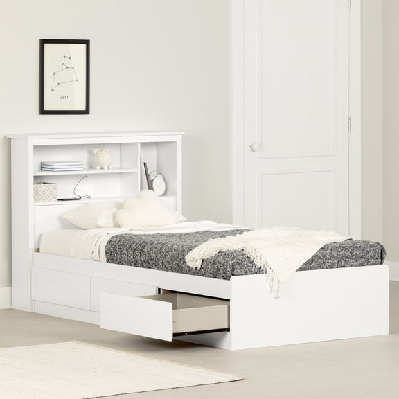 South Shore Vito Twin Mates Bed With Bookcase Headboard Set, in Pure White
