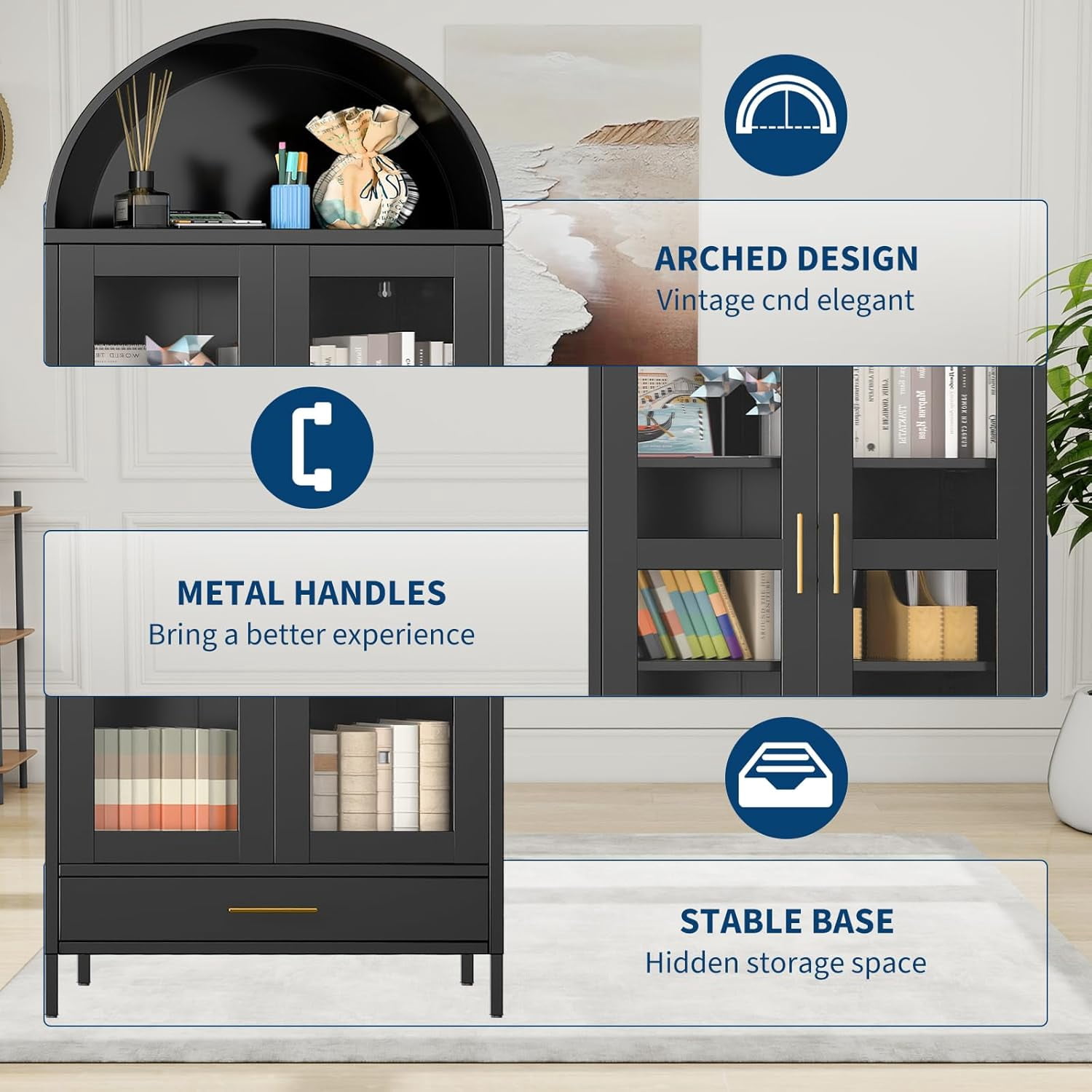 M optimized 73" Arched Pantry Cabinet with Glass Door, 2 Adjustable Shelves & Drawers, Modern Metal Bookcase, Freestanding Display Cabinet for Living Room Dinning Room, Black