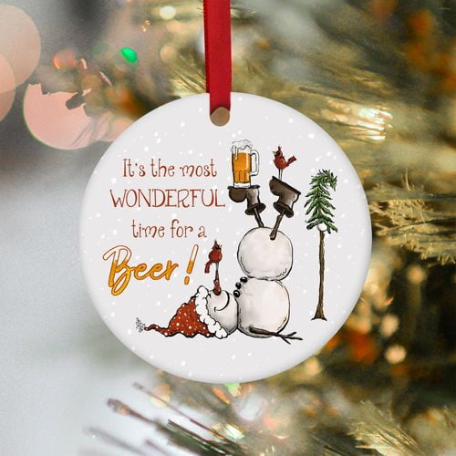 Ceramic Christmas Trees Ornaments, Christmas Tree Decoration, It's The Most Wonderful Time For Beer, Christmas Gifts, Decorative Hanging Ornaments - Circle, 1 Pcs