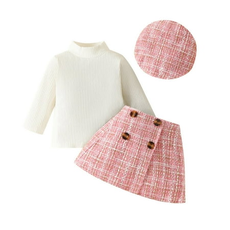 

Toddler Cute Outfits Boys Girls Ribbed Long Sleeve Top + Plaid Mini Skirt + Beret 3Pcs Clothes Outfit Baby Winter Clothing Set Red 12