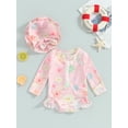 thumbnail image 2 of Bagilaanoe Toddler Baby Girl One-Piece Swimsuit Flower Print Long Sleeve Zipper Rashguard Swimwear + Sun Hat 6M 9M 12M 18M 24M 3T Kids Ruffle Bathing Suit, 2 of 9