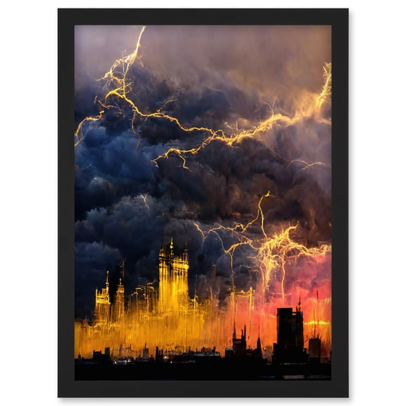 Modern Electric Gold London Skyline In Thunderstorm Artwork Framed Wall Art Print A4