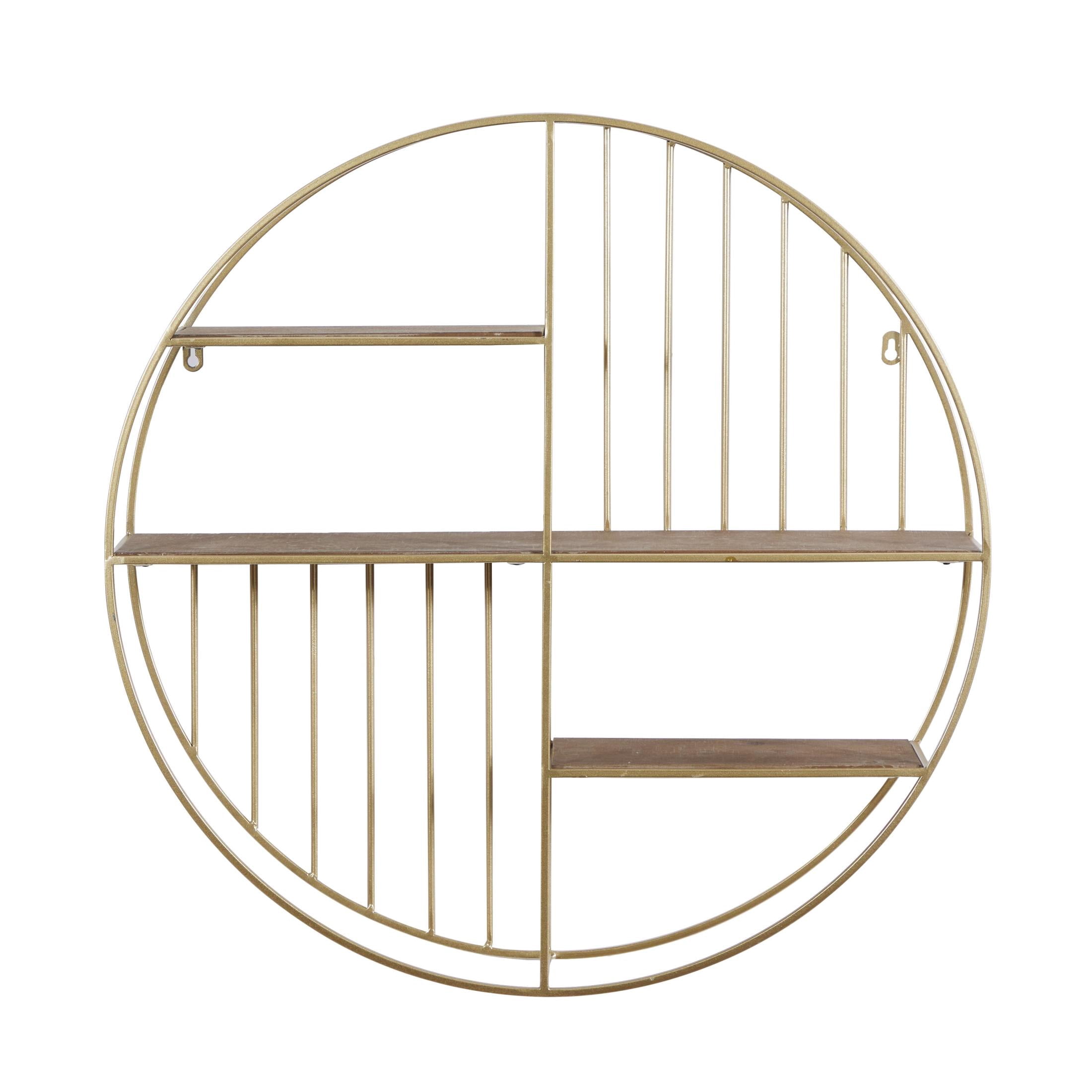 DecMode Gold Modern Iron Round Wall Shelf with Natural Brown Shelf Finish , 28"W x 28"H