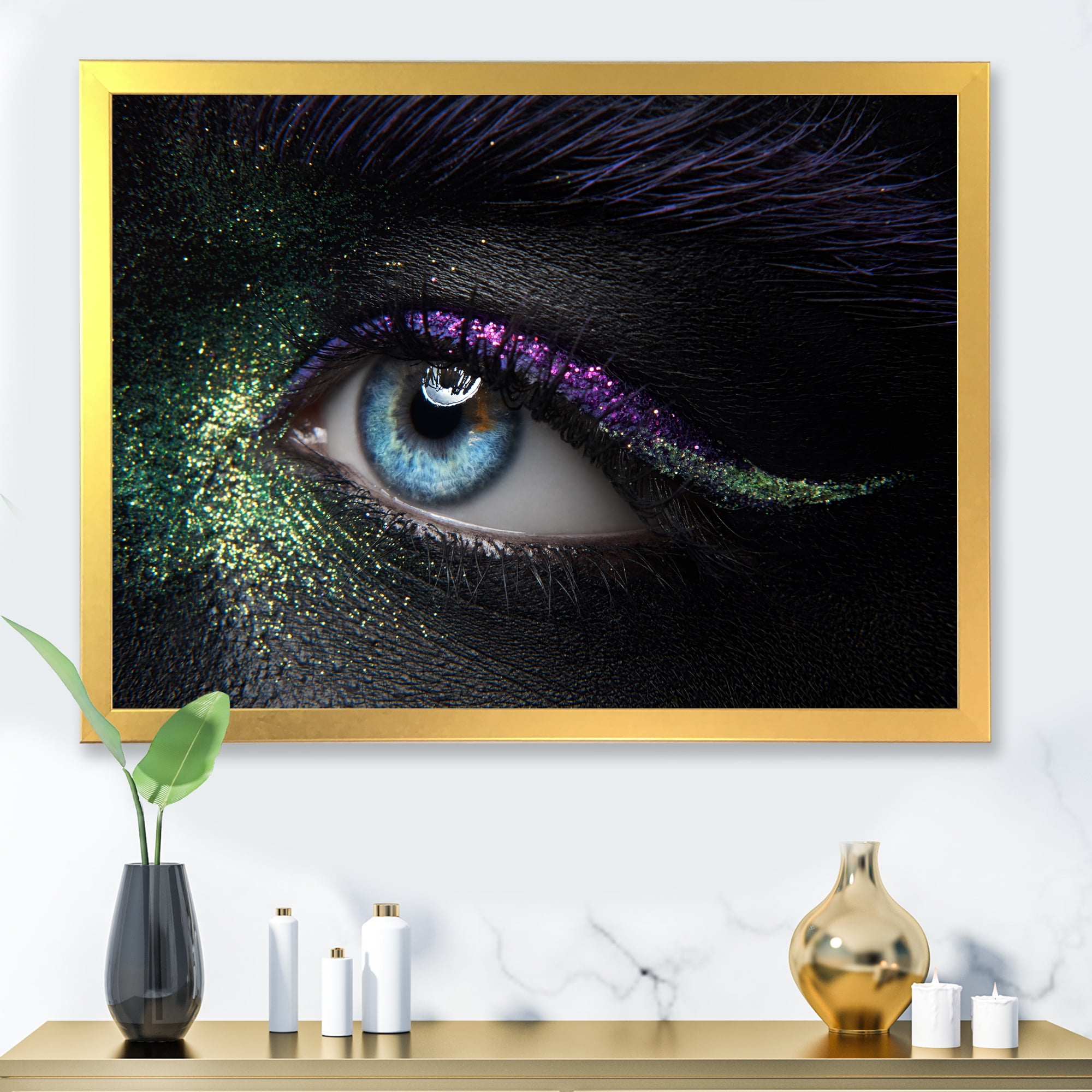 Designart 'Woman Eyes With Green & Purple Pigment & Sparkles' Modern Framed Art Print