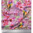 thumbnail image 1 of Soimoi Pink Silk Fabric Stripe,Floral & American Robin Bird Print Fabric by Yard 42 Inch Wide, 1 of 3