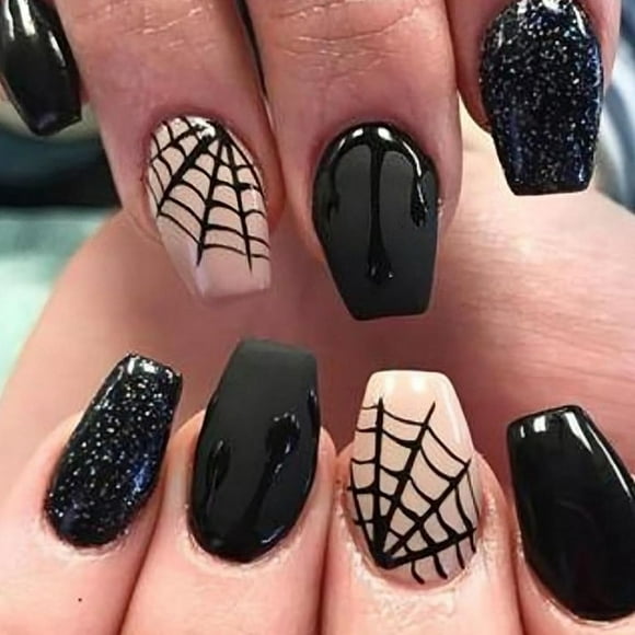 Halloween Press on Nails Medium Coffin Fake Nails Black False Nails with Spider Web Glitter Designs Full Cover Glossy Glue on Nail Acrylic Nails for Women Girls 24Pcs
