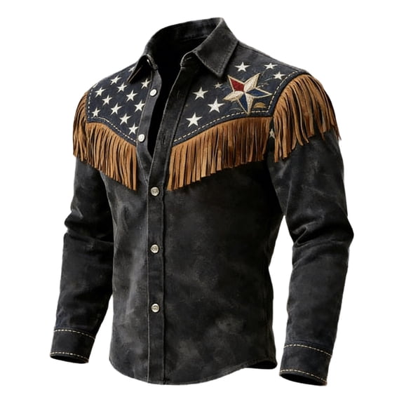 4th Of July Shirt for Men Denim Fringes Western Long Sleeve Button Down Casual America Flag 250Th Birthday Tops Loose Fit Black L