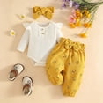 thumbnail image 2 of NewbornBaby Girls Clothes Outfit Ribbon Knit Ruffle Long Sleeve Romper and Pants Suit with Bow Headband 3 Piece Fall Winter Warm Clothing 6-9 Months, 2 of 4
