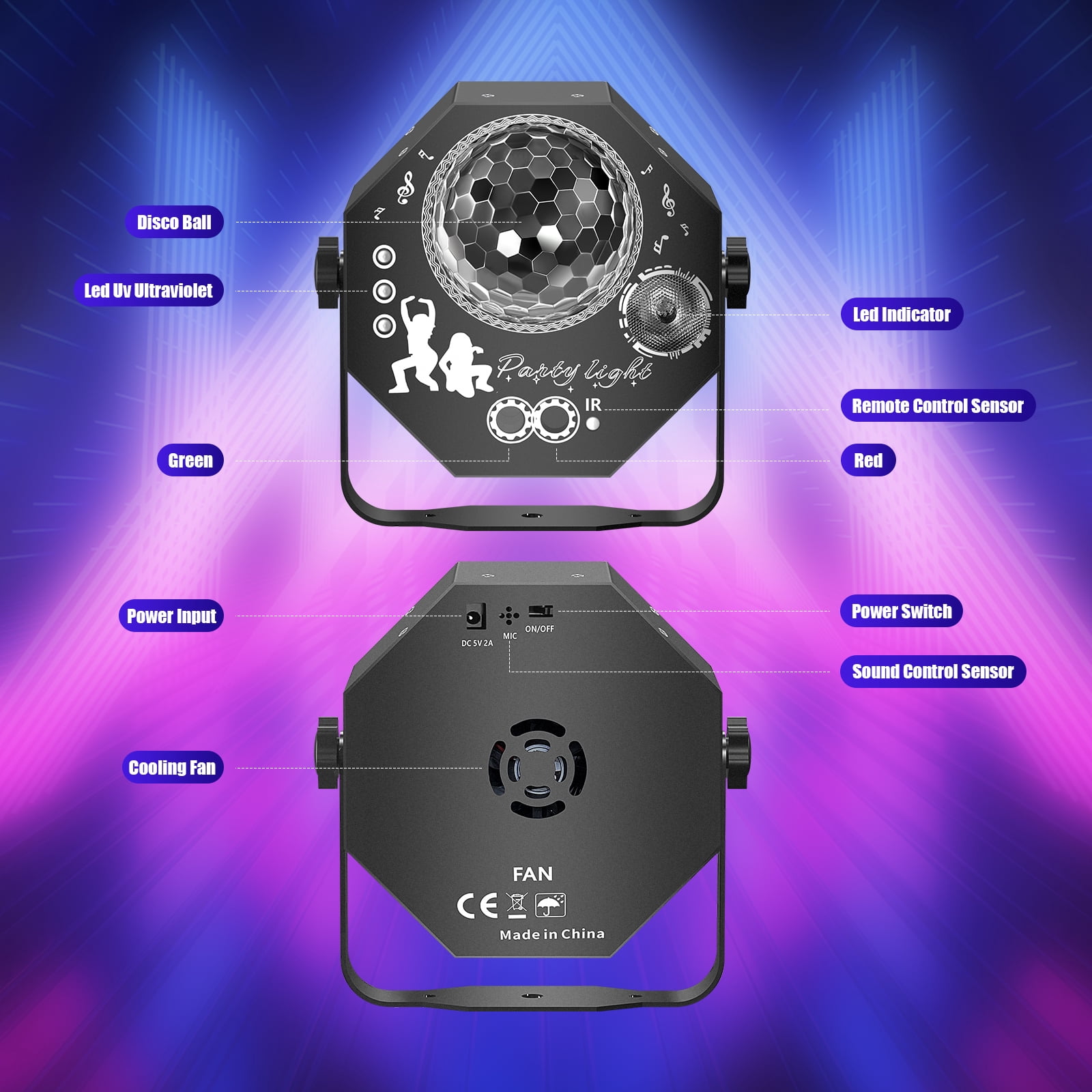 4-in-1 Disco Lights for Parties, DJ Lights with Disco Ball Light, RGB LED Party Lights with Sound Activated and Remote for Indoor Stage, Birthday and Christmas