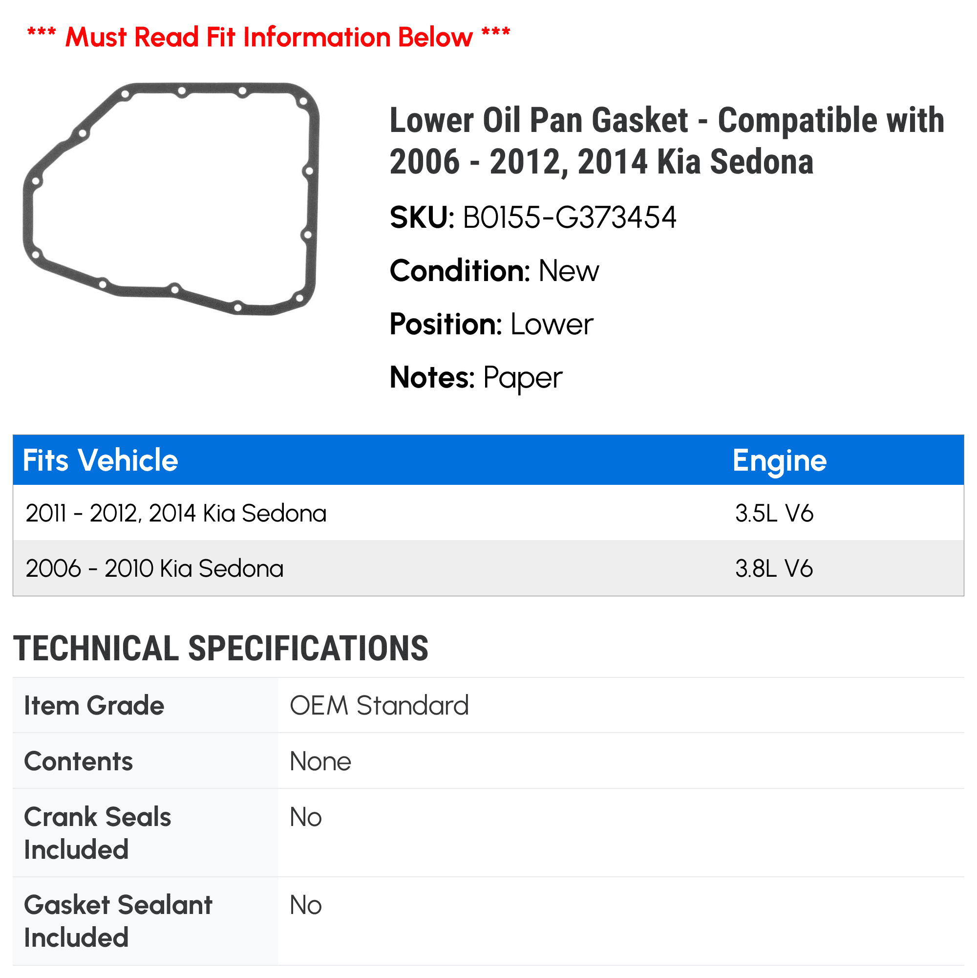 Lower Oil Pan Gasket - Compatible with 2006 - 2012, 2014 Kia Sedona 2007 2008 2009 2010 2011