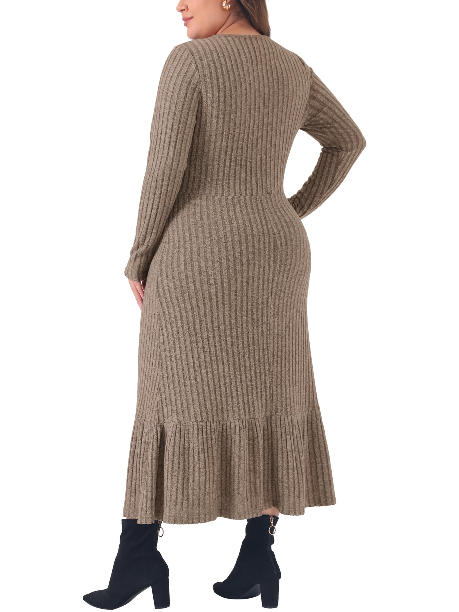 DARING DIVA Plus Size Ribbed Knit Long Sleeve Ruffled Hem Midi Dress 1X Khaki