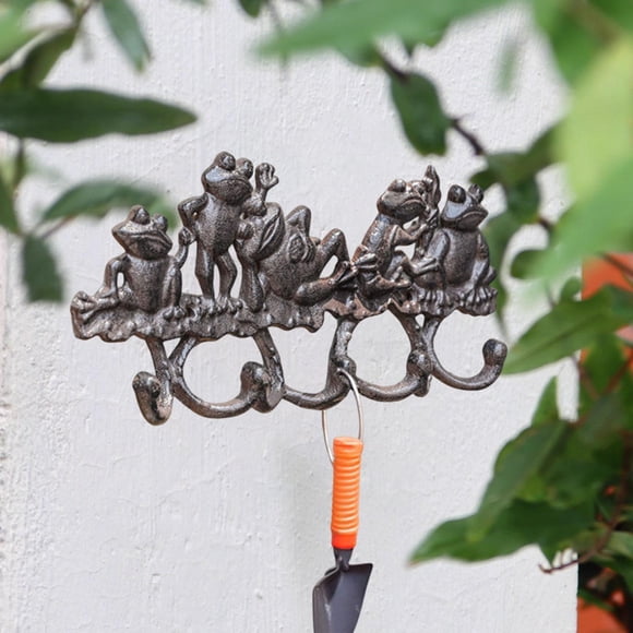 Gancho de pared de hierro fundido con forma de rana para patio, adorno decorativo vintage con 5 ganchos para jardín, hogar, interior y exterior.