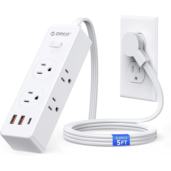 ORICO 9-in-1 Power Strip - 6 AC Outlets 3 USB A Ports(1 USB C), 3 Sided Outlet Extender, 45° Ultra-Thin Plug, 5FT Extension Cord for Home, Office, Travel, College Dorm - PSS