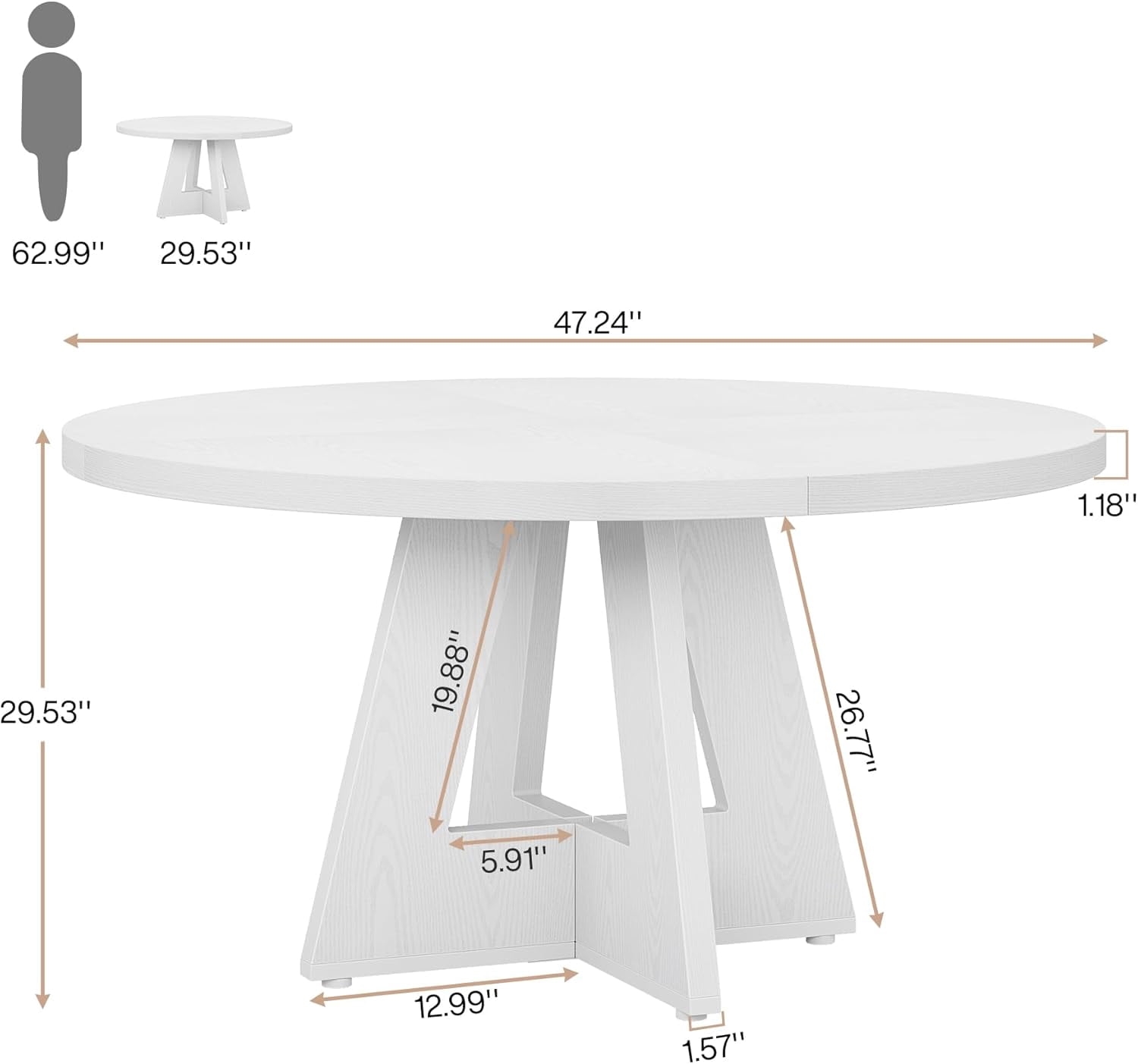 47" Round Dining Table for 4, Wooden Farmhouse Kitchen Table, Sturdy Dinner Table for Family Meals & Gatherings